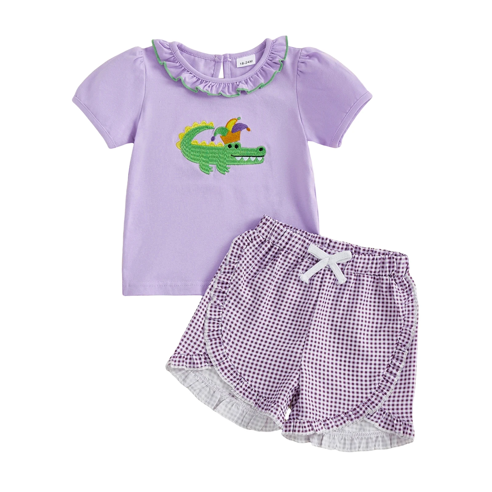 Adorable Infant Girls Outfit Stylish Crocodile Embroidered Top and Plaid Shorts Set for Summer - 2 Piece Set for Toddlers