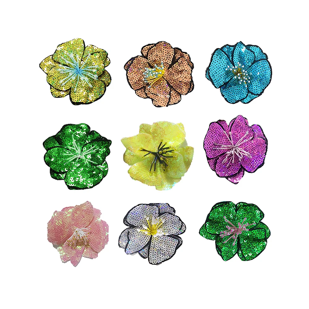 1 Stück 11 x 11 cm, Pailletten-Blumen-Aufnäher, DIY-Applikation, Kleidungsdekoration, Blau, Rosa, Grün, 9 Farben erhältlich, kleberfrei
