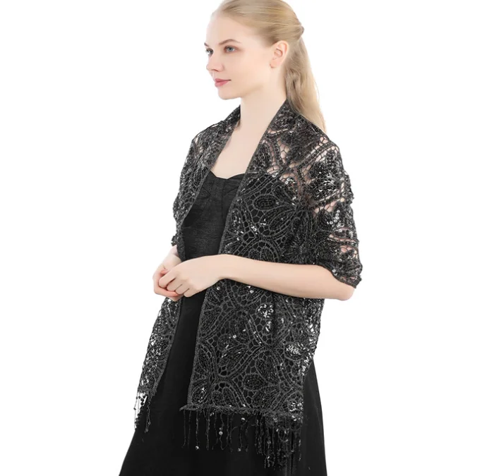 European American Elegant Sequins Tassel Cape Party Evening Dress  Shawl Bride Bridesmaid Women Sequins Cloak Ponchos Black boutonniere and wrist corsage european and american forest wedding bride opening celebration guests simulated rose bracelet