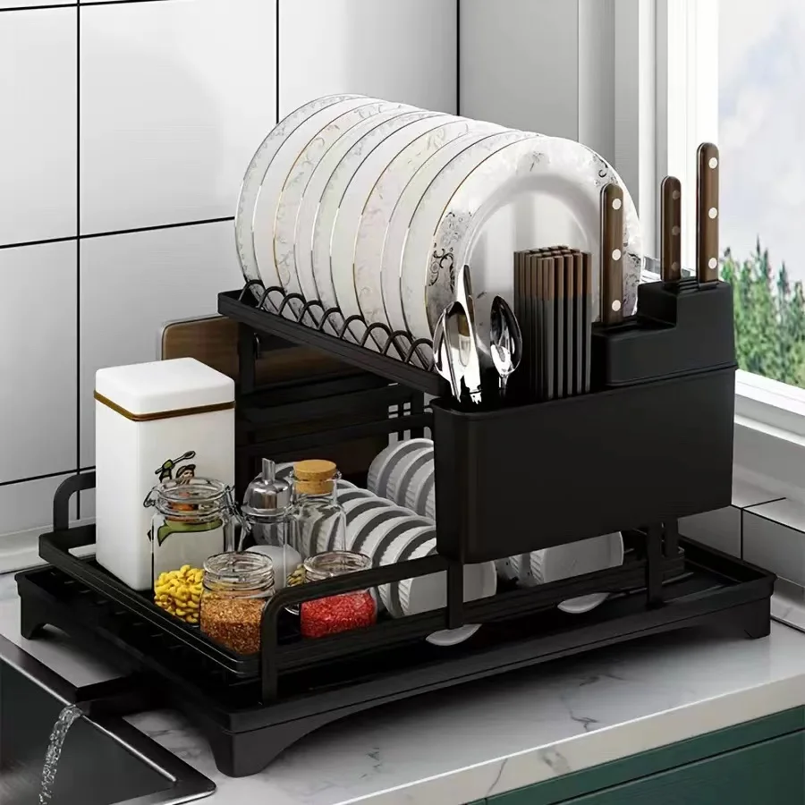 2 Tier Dish Rack with Drainboard Kitchen Dish Bowl Drainer Storage Rack Countertop Dinnerware Organizer Knife Fork Cup Holder 2