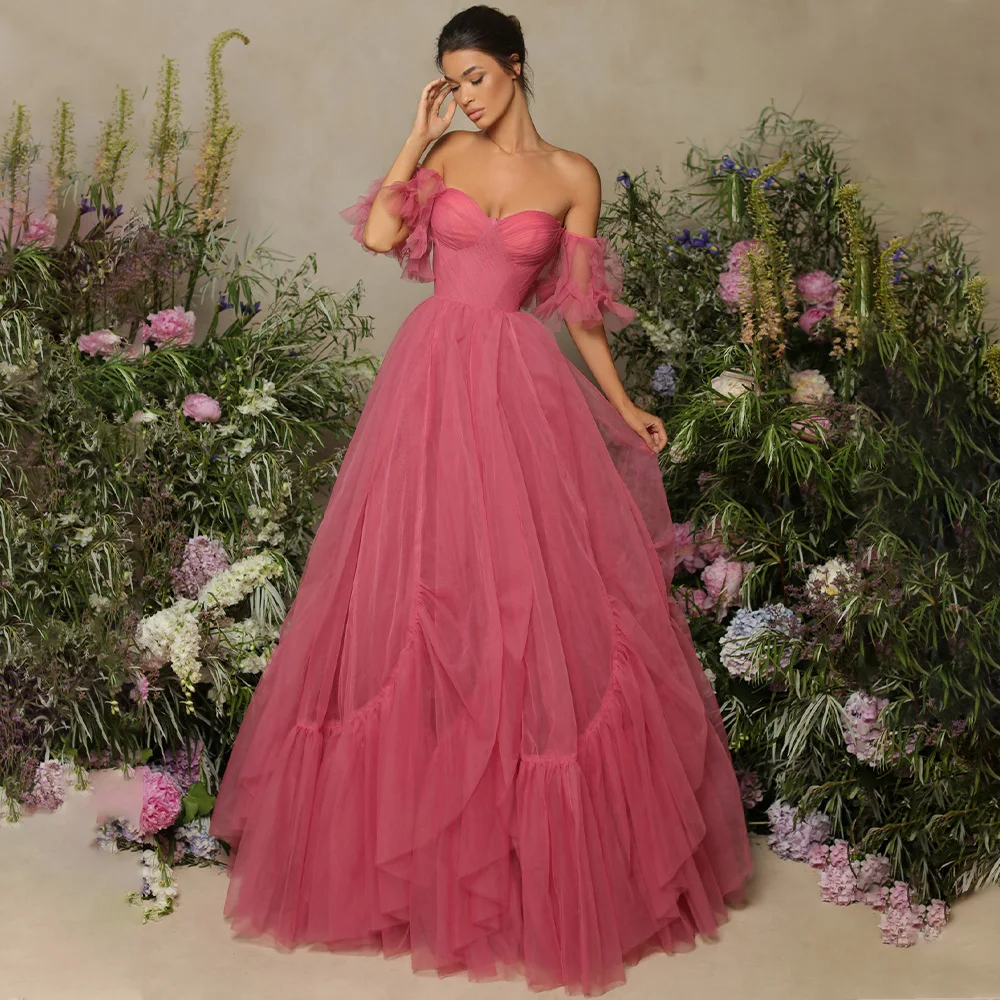 

Elegant Evening Dress Ball Gown Peach Pink Sweetheart Women's Prom Gowns Long Off the Shoulder Puffy Sleeves Backless Party Gown
