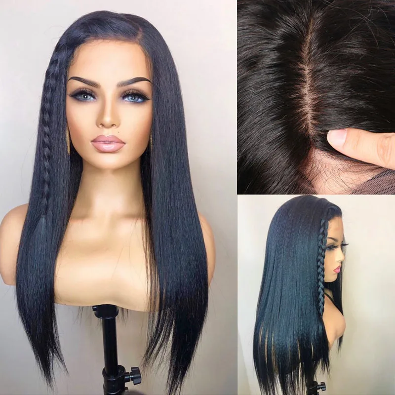 

Natural Black Soft Kinky Straight Yaki Lace Front Wig 180% Density For Women With Baby hair Heat Temperature Glueless Daily