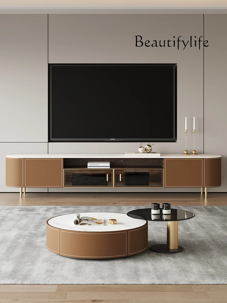 

Saddle Leather TV Cabinet Mild Luxury Retro Living Room Home Solid Wood Stone Plate Tea Table Floor Cabinet Combination