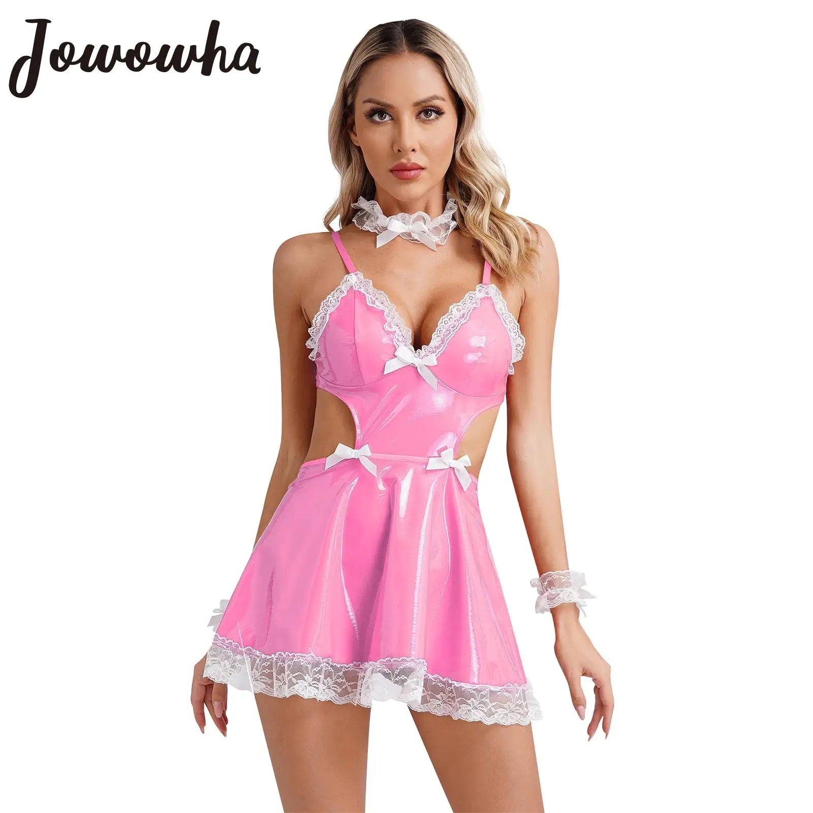 

Womens Naughty Maid Cosplay Costume V Neck Cutout Backless Dress T-Back Thong Lace Choker Cuffs Sexy Lingerie Role Play Clubwear