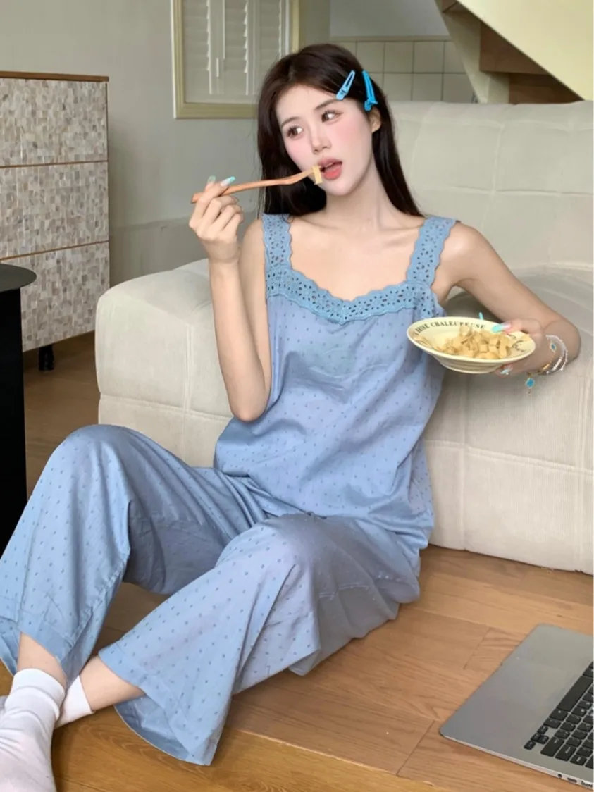 

Real Korean version of pure cotton lace jacquard with minimalist texture Instagram suspender pajamas, home clothes, summer new w