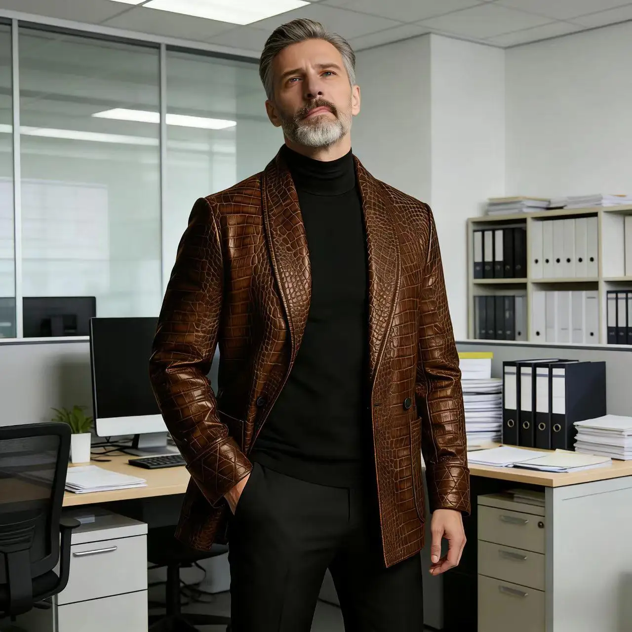 Men's Crocodile Embossed Leather Blazer Double Breasted Business Casual Brown Jacket Office Wear Formal Plus Size Suit Coat