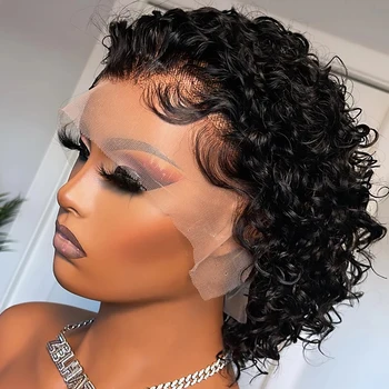 Parrucche frontali in pizzo 13x4 Capelli umani Taglio pixie Densità 180% Colore nero Onda d'acqua Parrucche corte taglio pixie per le donne Prepizzicate
