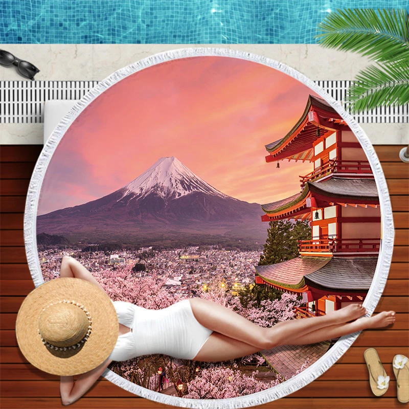 Japanese Beach Towel, Sakura Cherry Trees Mountain Fuji Under The Red