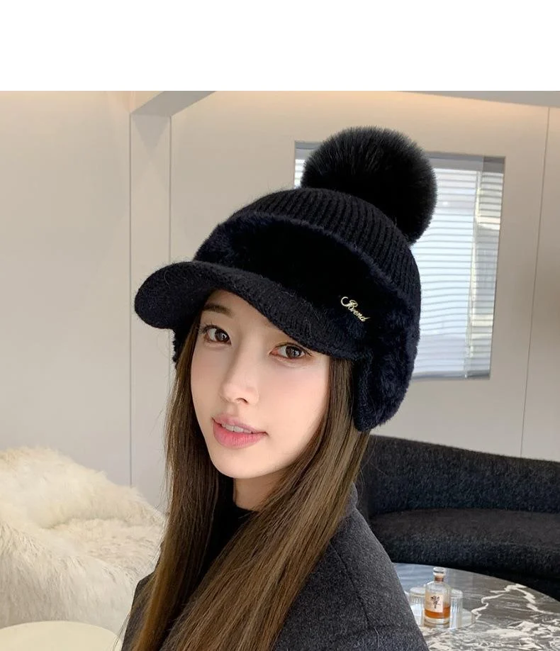 Nuovo berretto da baseball invernale in pelliccia di visone con protezione per le orecchie in pelliccia di coniglio per le donne, moda coreana, tinta unita, semplice cappello lavorato a maglia con palline di lana_voghion.com