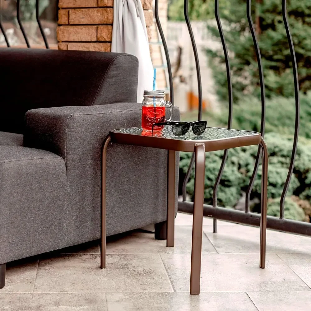 Bronze Metal Outdoor Side Table with Tempered Glass Top &ndash; Elegant Small 16" Square Patio Table &ndash; Durable Weather-Resistant Coffe