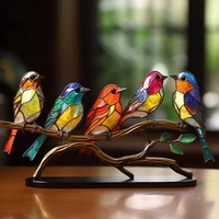 Stained Glass Birds On Branch Desktop Ornaments,Double Sided Multicolor Style Birds Colors Ornaments 1
