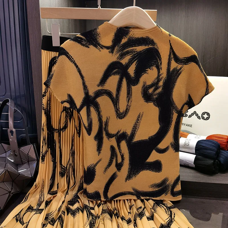 

Summer Women Fashion Runway Suits Short Sleeve Vintage Print Stretchy T-shirt+ Long Skirts Two 2 Piece Set Outfits female N9095