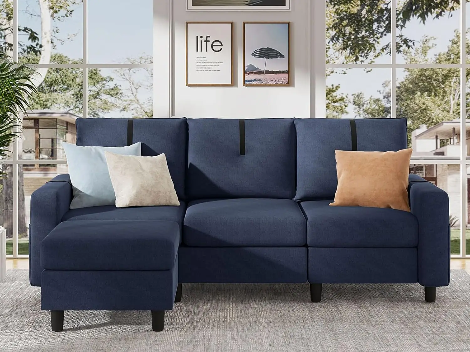 80 Convertible Sectional Sofa, Modern Linen Small L Shaped Couch w/ Reversible Ottoman and Storage Pockets, 3 Seat Sofa Couches