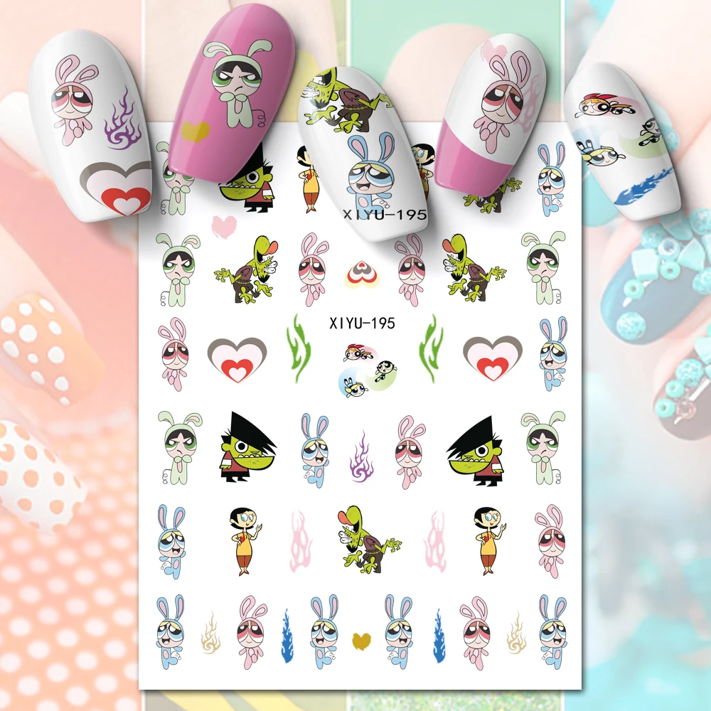 

10PC Power Girl Cartoon Nail Art Sticker Flame Back Glue Nail Polish Slider Hand Drawn Design DIY Decorative Decal