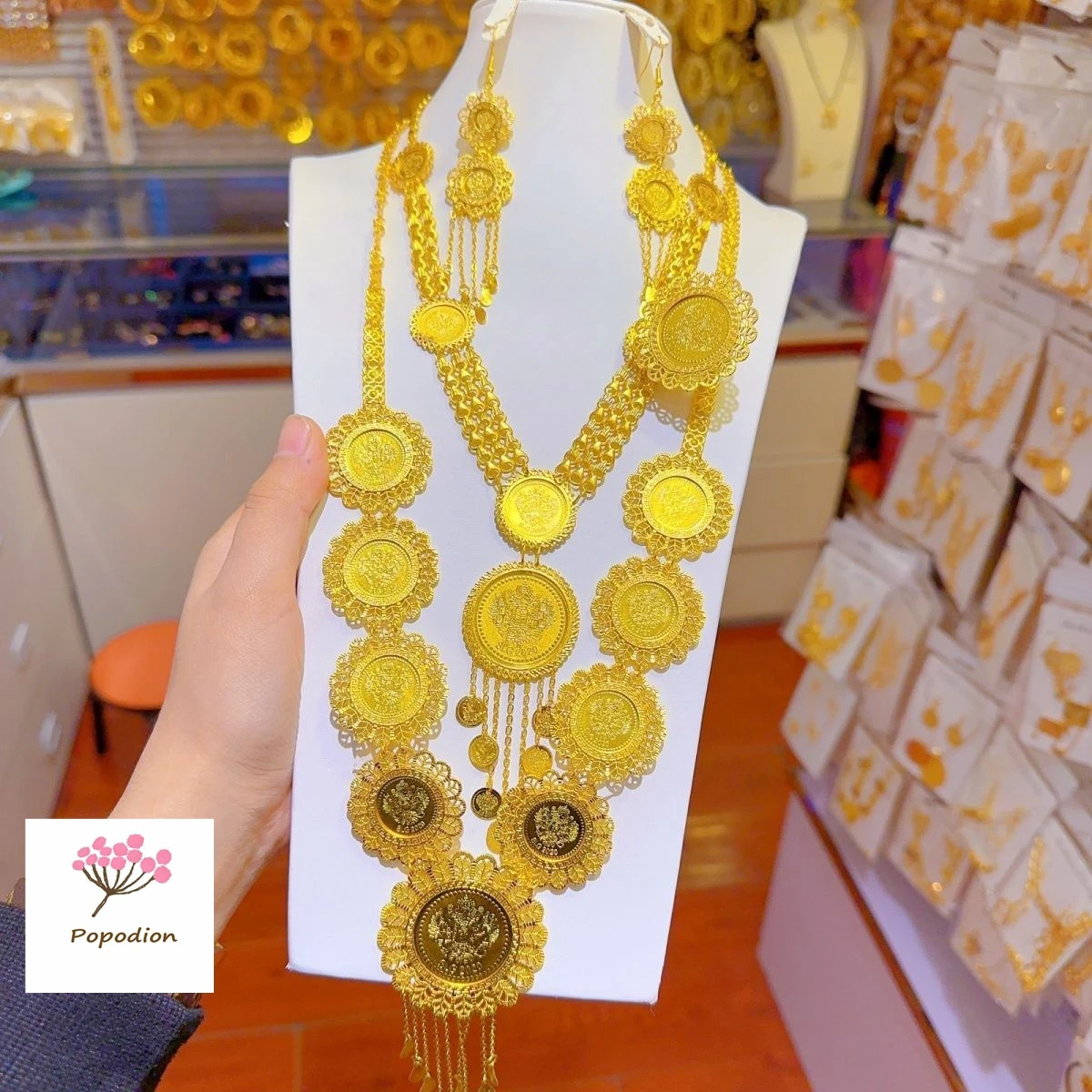 24K Gold Plated Dubai Tassel Necklace Earrings Wedding Party Anniversary Gift Popodion Four Piece Jewelry Set YY10371
