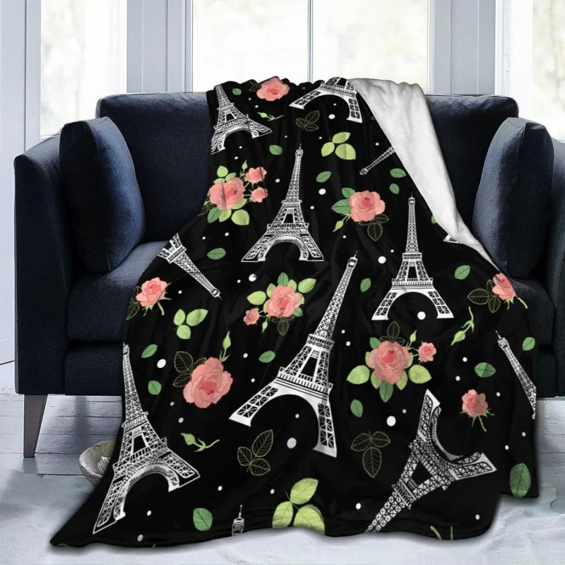 

Paris Eiffel Tower and Roses Flowers Throw Blanket Ultra Soft Warm All Season Valentines Day Decorative Fleece Blankets