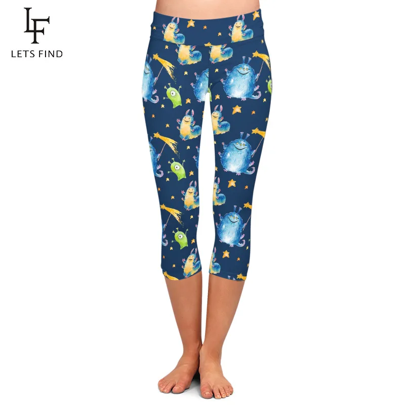 

LETSFIND Fashion High Waist Women Fitness Slim Mid-Calf Leggings Funny Aliens Print Comfortable Capri Leggings