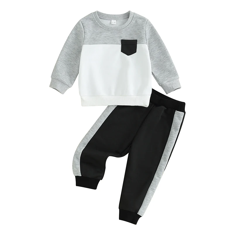 

Kids Boys 2-piece Outfit Contrast Color Long Sleeve Sweatshirt with Elastic Waist Sweatpants Fall Outfit