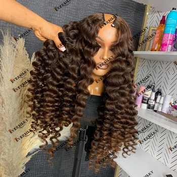 Human Hair Brown Deep Wave 250Density U Part  Wig for Black Women V Part Easy Install Machine Made Cheap Wigs Remy