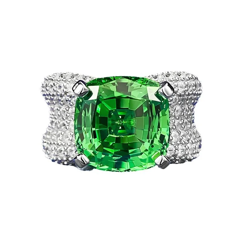 

S925 Silver Imported Shafulai Green 12 * 12 Thai Cut Ring with European Beauty