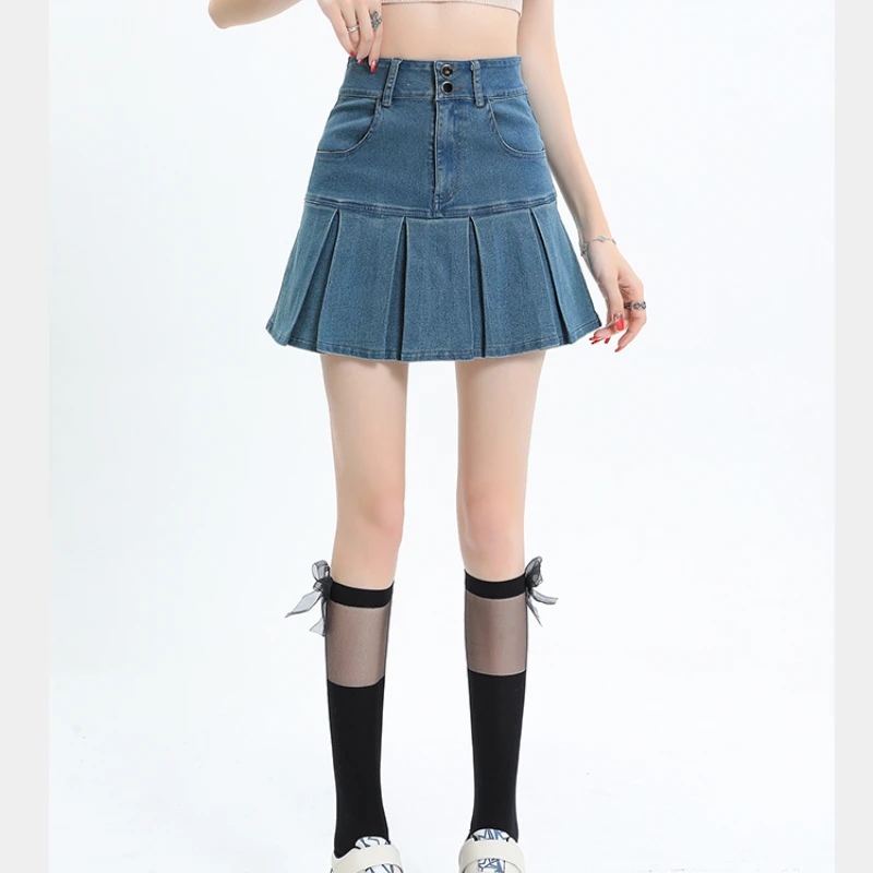 

Vintage Pleated Denim Skirt Women Summer 2023 Korean Fashion High-waisted Jean Skirt Female Spice Girl Y2k A-line Faldas Mujer