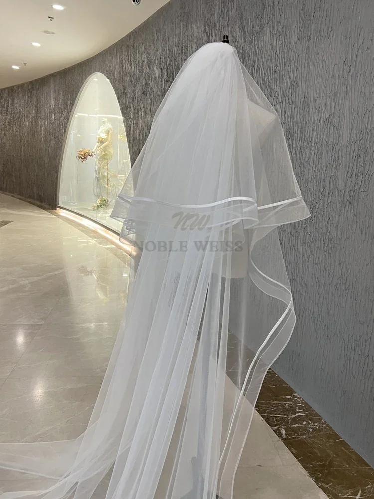2T Wedding Veil Comb Long Bridal Veils Simple Ribbon Edge Bride Veil Two Layer Customized