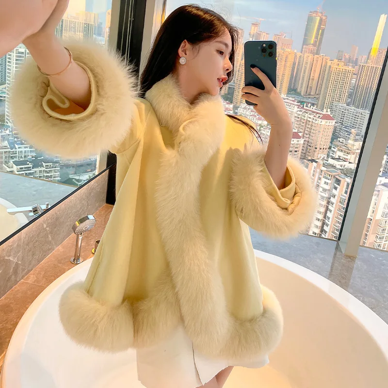 2023 Winter Cashmere Coat Chinese Style Fox Faux Furry Double-Sided Wool Loose Cape Warm Long Sleeved Jacket Women's Clothing