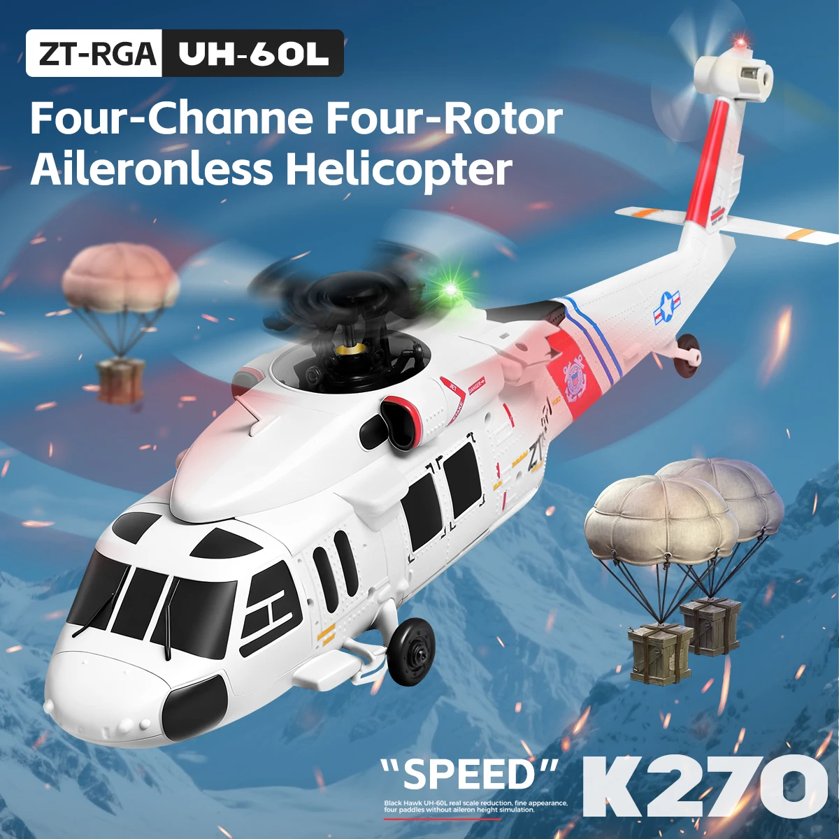 Gros plan sur le rotor principal de l'hélicoptère RC WLtoys K270 UH-60L avec moteur brushless et système de maintien d'altitude