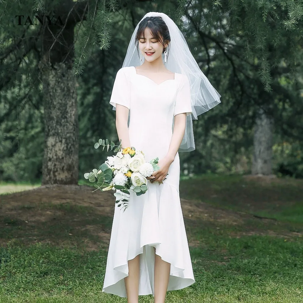 

Simple Wedding Dresses 2022 Mermaid High Kow Ankle Length Short Sleeves Soft Satin Modest Elegant Classic Bridal Gown SWD144