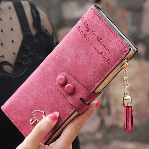 RFID Blocking Double Zipper Smartphone Genuine Leather Large Women's Wallet  Hot Pink