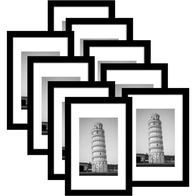 

11x17 Picture Frame Set of 9, Display Pictures 8x12 with Mat or 11 X 17 Without Mat, Wall Gallery Photo Frames, Black