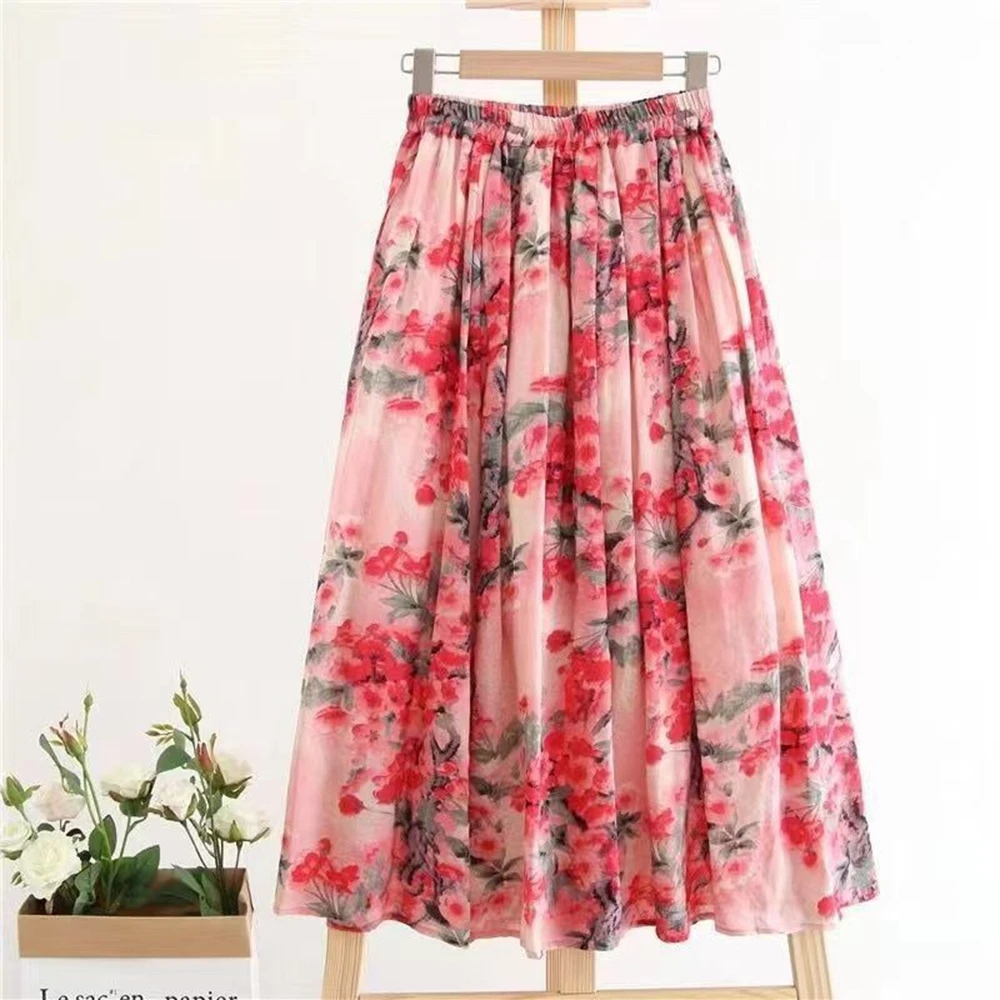 

Sweet Elegant Pink Floral Print A-line Long Skirts Women Summer Fashion High Waist Skirt Streetwear Beach Boho Midiskirt Sexy