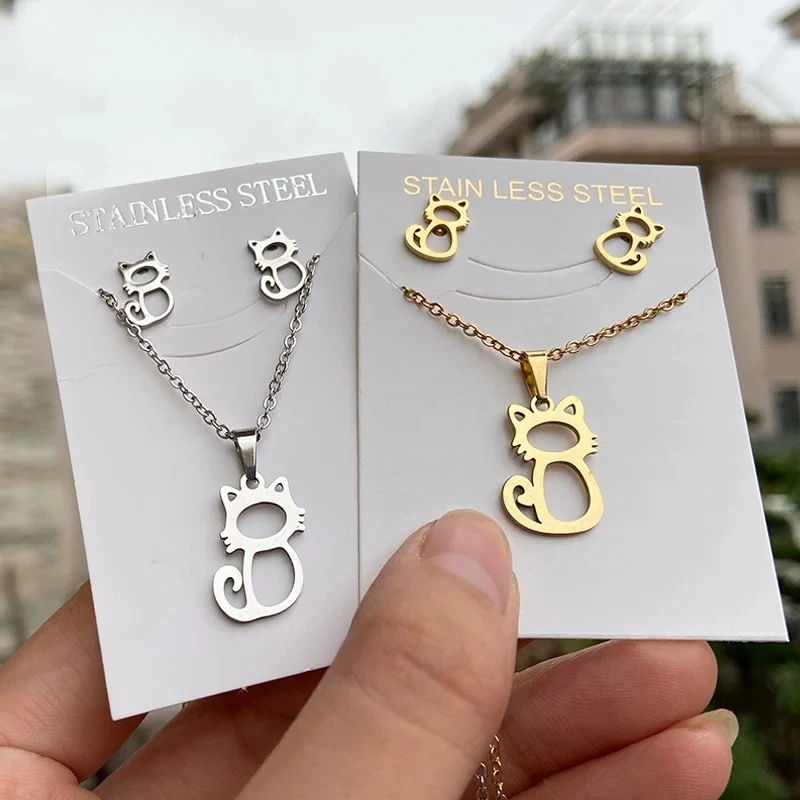 Jewelry Sets Lovely Gold Color Kitten Cat Stainless Steel Jewelry Set Necklaces Men Collares Fashion Hollow Cat Earring Necklace Paw Jewelry
