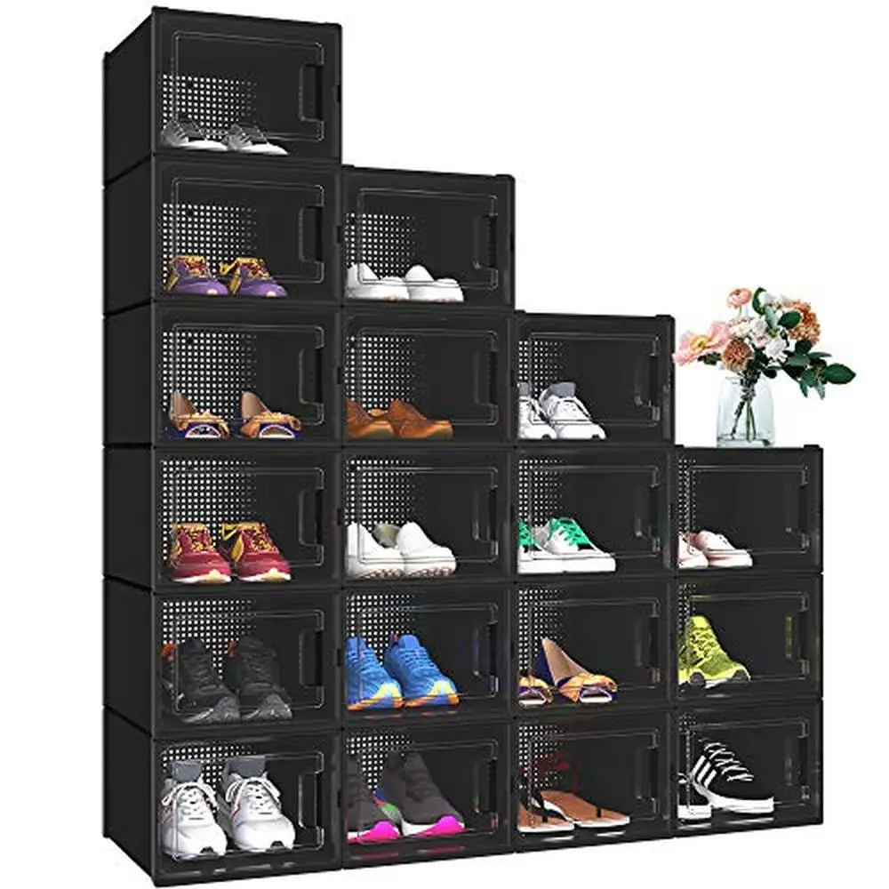 Shoe Storage Box 18-Pack Shoe Storage Organizer Clear Plastic Shoe Box Stackable Closet Sneaker Organizer Fit up to US Size 15 Men Women Shoes