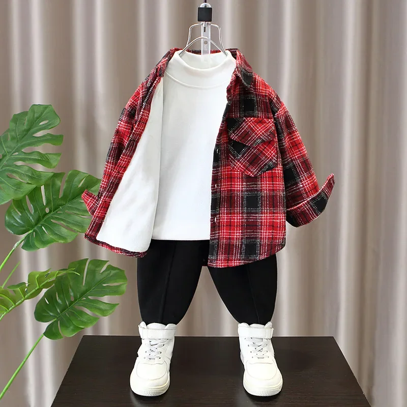 Thickened Flannel Children's Shirt Winter Plaid Patterned Casual Inner Wear for Boys Warm Outerwear Versatile Casual Top
