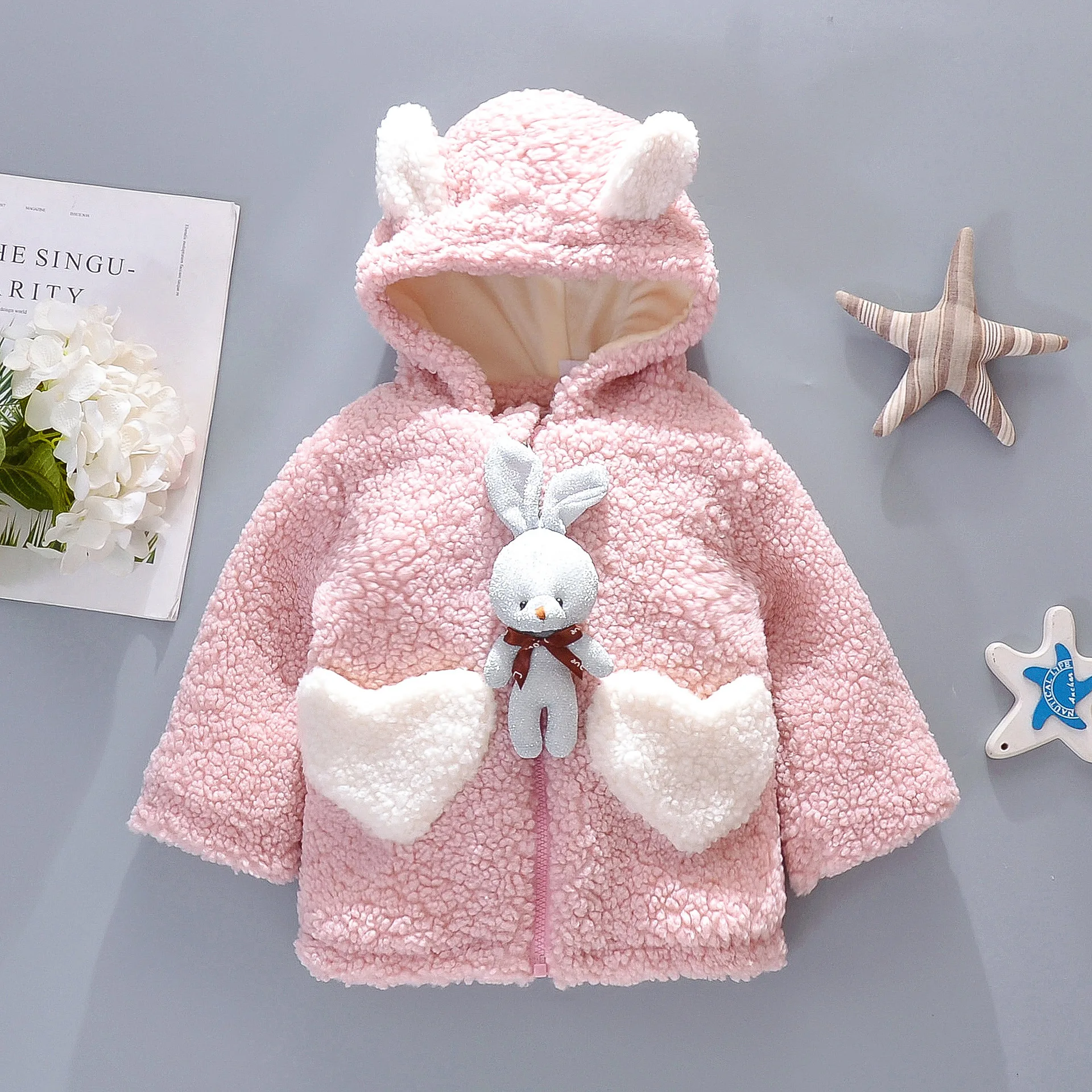 Autumn And Winter Korean Version Girls' Embroidered Coat Children's Plush Cute Hooded Bunny Ear Cotton Jacket