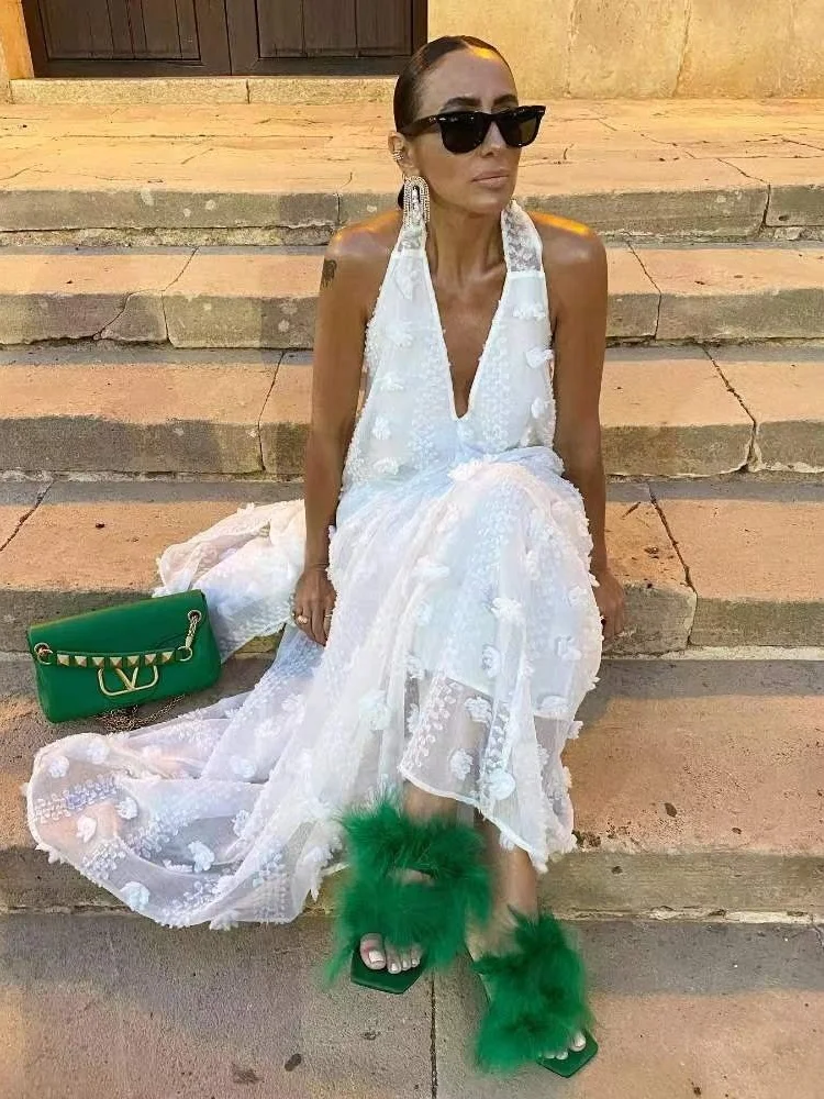 Wmstar Long Dresses Women Wholesale Deep V Neck  Solid Loose Sleeveless New in Summer Holiday  Floral Dress Drop Shopping  2025