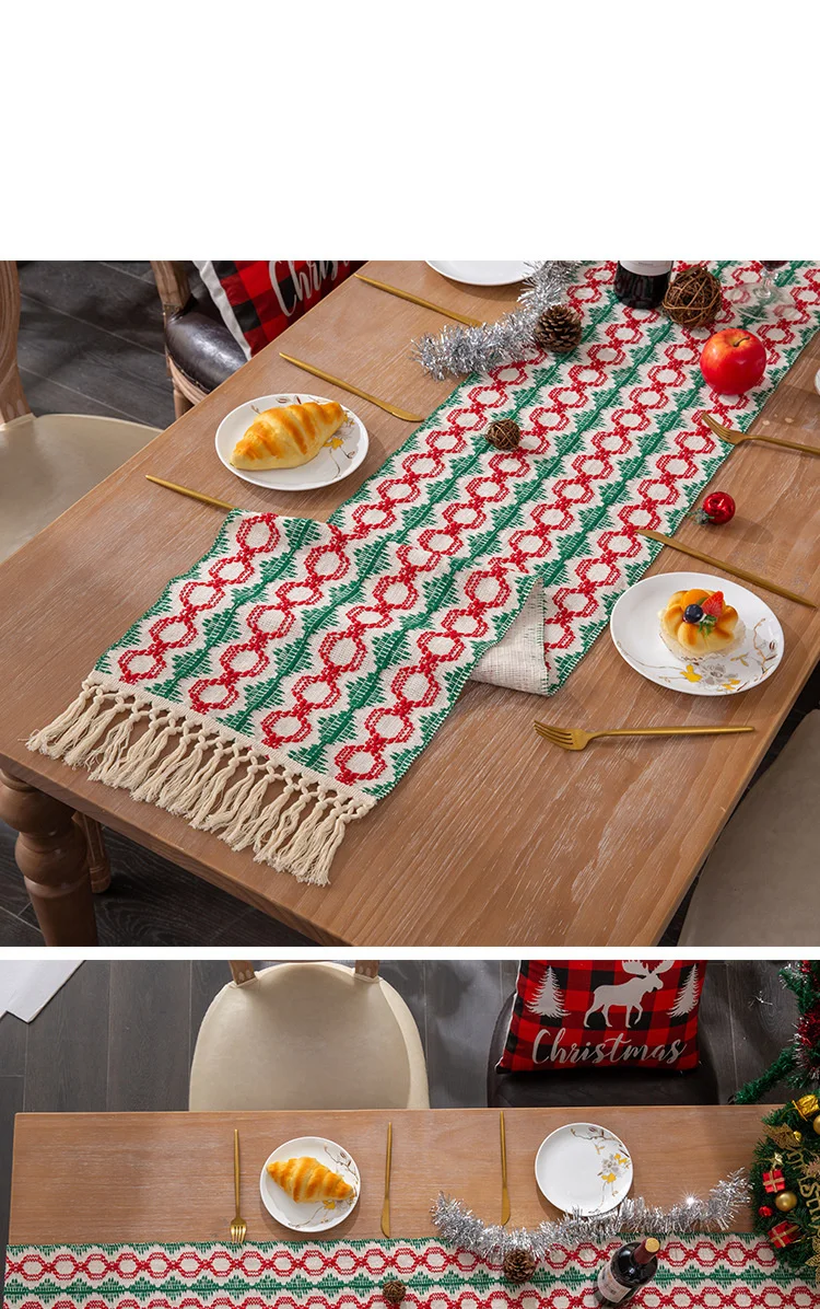 Nouveau drapeau de Table de noël coton tissé double couleur mosaïque gland décoration longue nappe ameublement_voghion.com