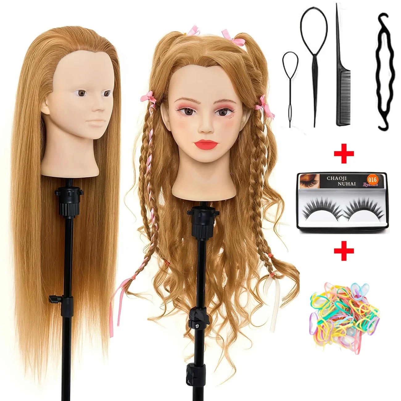26Inch Makeup Cosmetology Manikin Doll Head for Hair Styling, Training Practice Braiding Mannequin Head with False Eyelashes