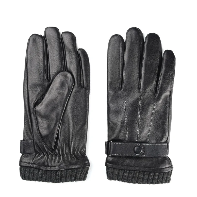 Winter Genuine Sheepskin Leather Gloves Men Warm velvet lined Full Finger Touchscreen Outdoor Cycling Driving Motorcycle Gloves