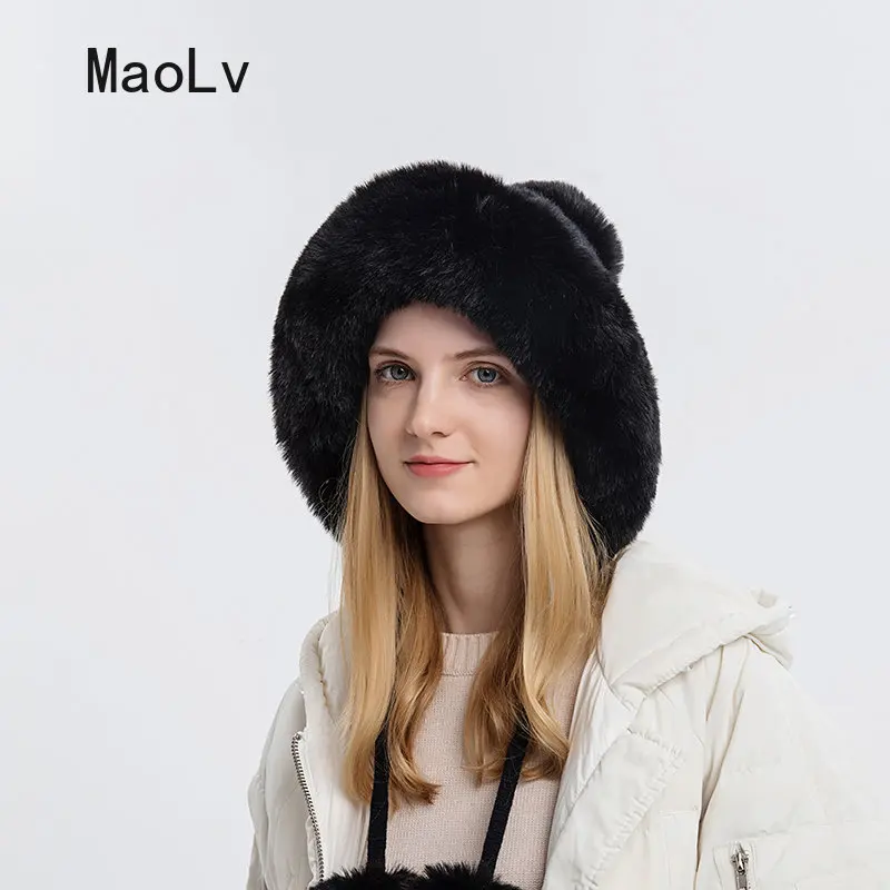 Winter Fluffy Fur Kintted Cap for Women Russian Lady Soft Warm Ear Protection Hats Female Outdoor Plush Coldproof Ball Beanies 4