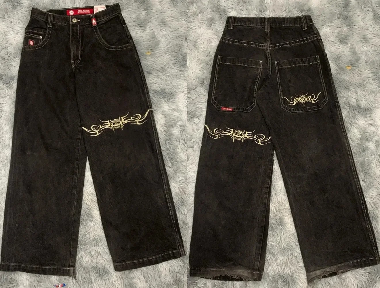 JNCO 레트로 자수 헐렁한 청바지, Y2K 힙합 청바지, 블랙 팬츠, 신상 하라주쿠 고딕 와이드 레그 팬츠, 스트리트웨어