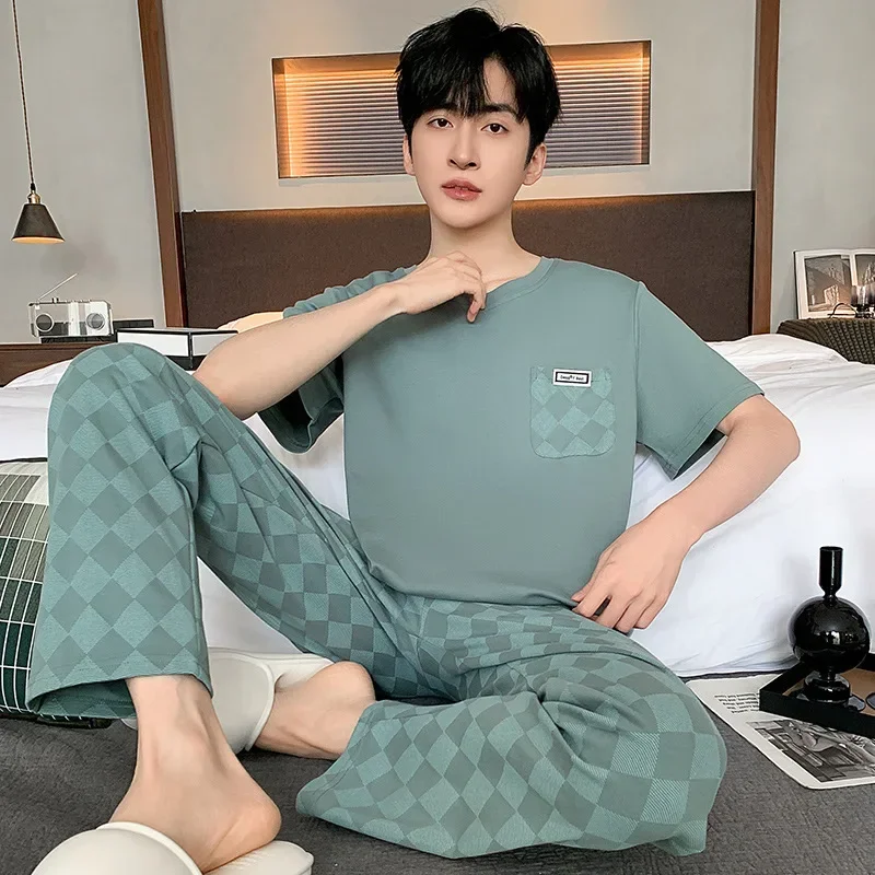 남자의 새로운 여름 짧은 소매 면화 잠옷 얇은 여름 겉옷 홈 복장 가볍고 편안한 면화 바지