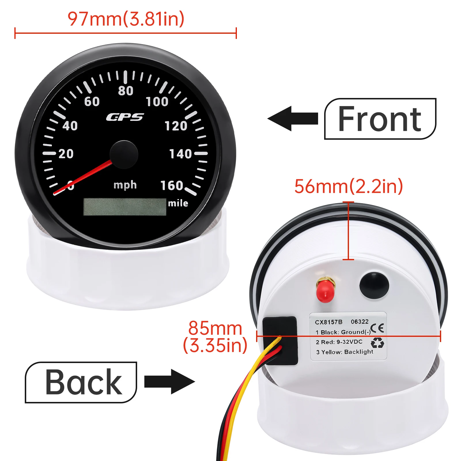 0-160MPH 85mm GPS Speedometer Gauge with GPS Antenna 7 Color BackLight Speed Odometer for Universal Car Boat Marine RV 12V 24V