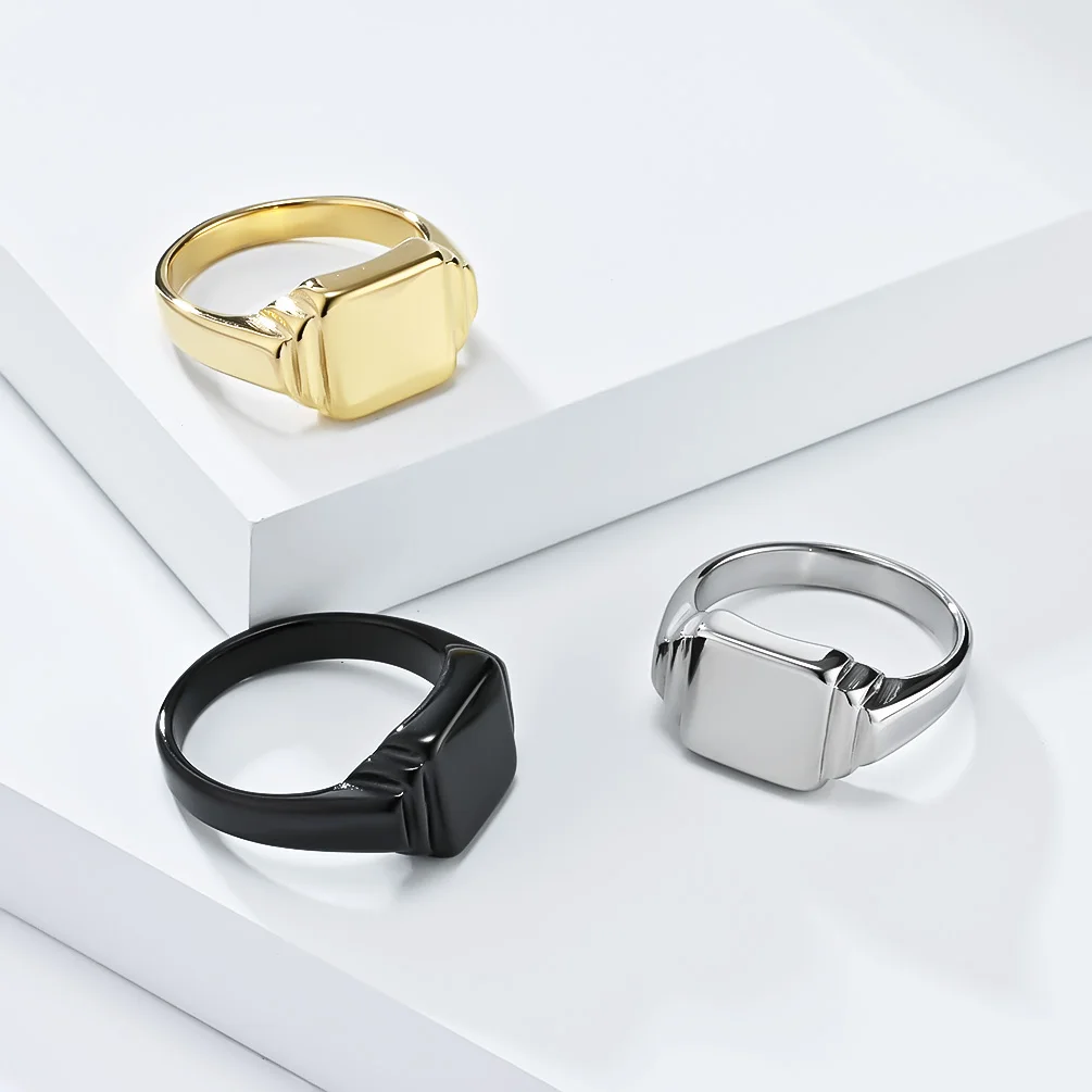 Male Men Big Large Smooth Statement Square Rings Black Gold Silver Color Stainless Steel Fashion Jewelry Size 7 8 9 10 11 12 13