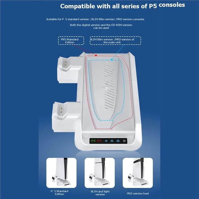 PS5 슬림/PS5 프로용 쿨링 스탠드(헤드폰 걸이 포함) LED 컨트롤러 충전 스테이션 3단계 냉각 팬 W