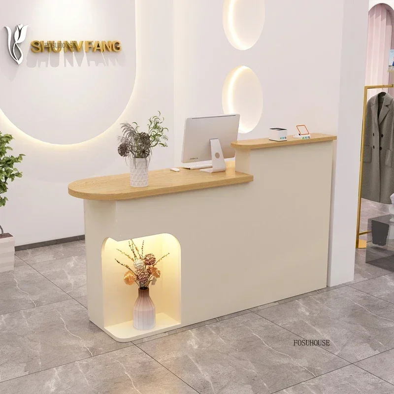 Modern Wooden Reception Desks Creative Clothing Store Cashier Counter Curved Bar Tables Office Reception Desk Office Furniture