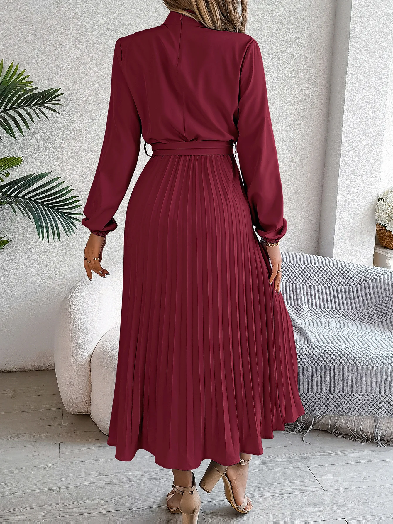 Solid Stand up Collar Bridesmaid Dress Spring Summer Casual Elegant Long Sleeve Waist Cinched Pleated Long Dresses for Women