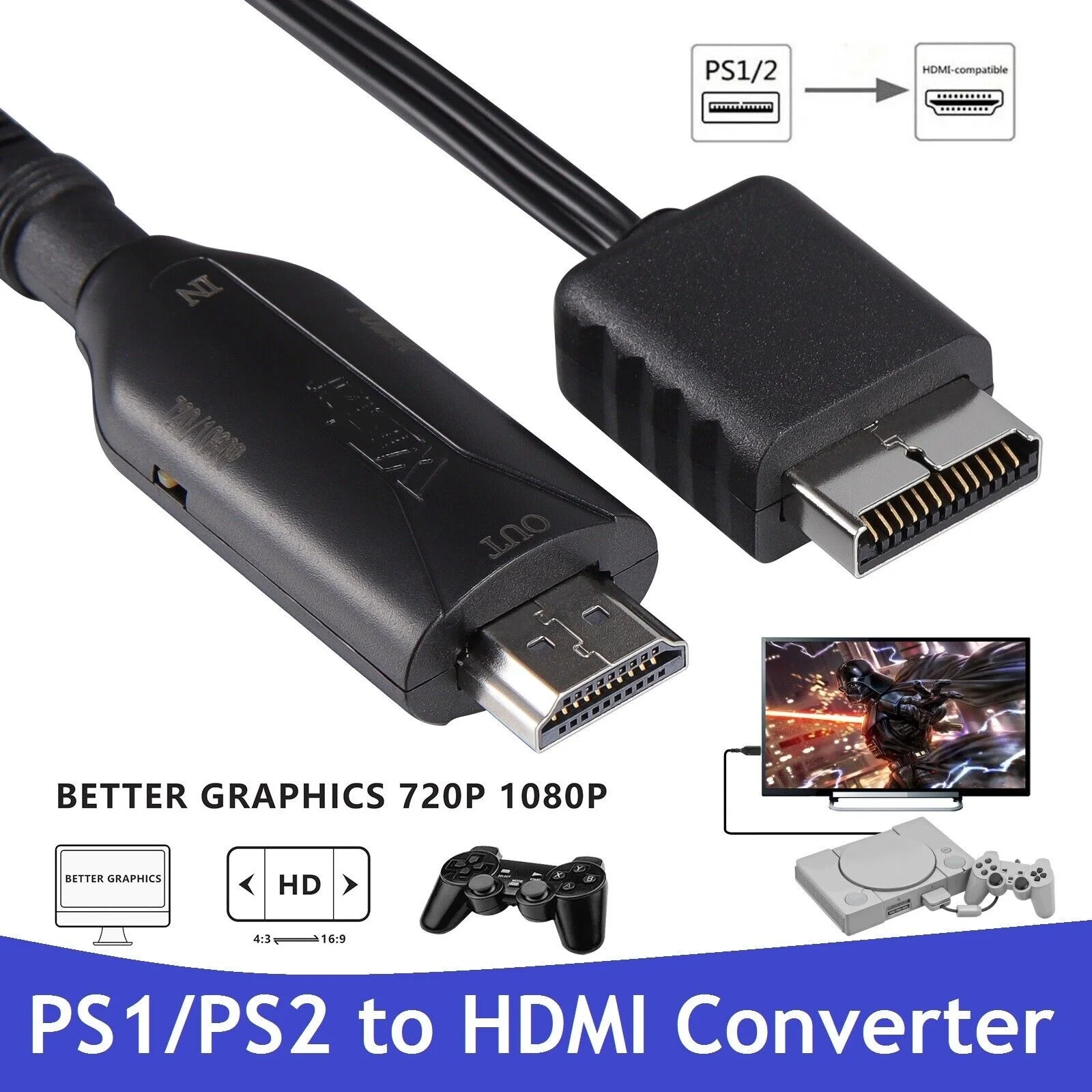 Adaptador de Áudio e Vídeo Compatível com Ps1 e Ps2 para Hdmi Conversor 1080p Suporte para Ps1 e Ps2 Modos de Exibição para Hdtv e pc Cabo Full hd