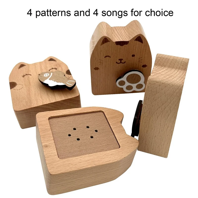Wood Cat Wind Up Music Box Rotating Mechanism Movement Musical For Birthday Gifts A 1 Piece